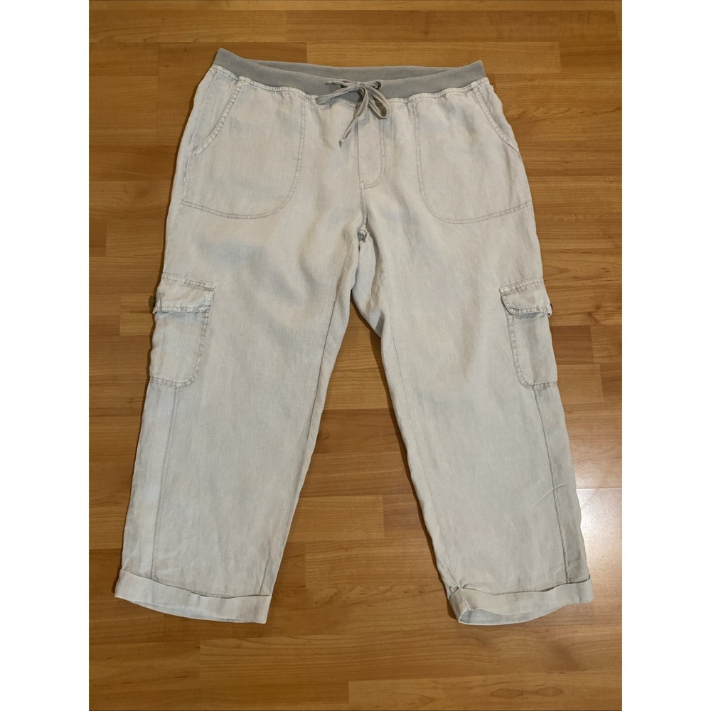 XCVI Capri Cargo Drawstring Pants Women's Size L Beige Drawstring Cotton Blend